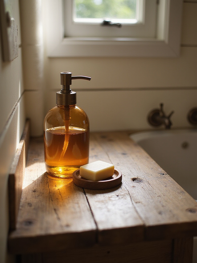 Vintage-inspired amber glass soap dispenser on a rustic bathroom vanity