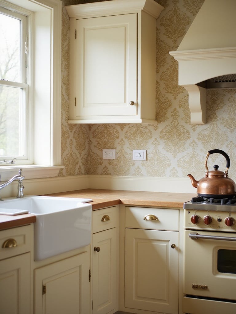 Kitchen with cream cabinets and gold and beige damask wallpaper for a vintage look
