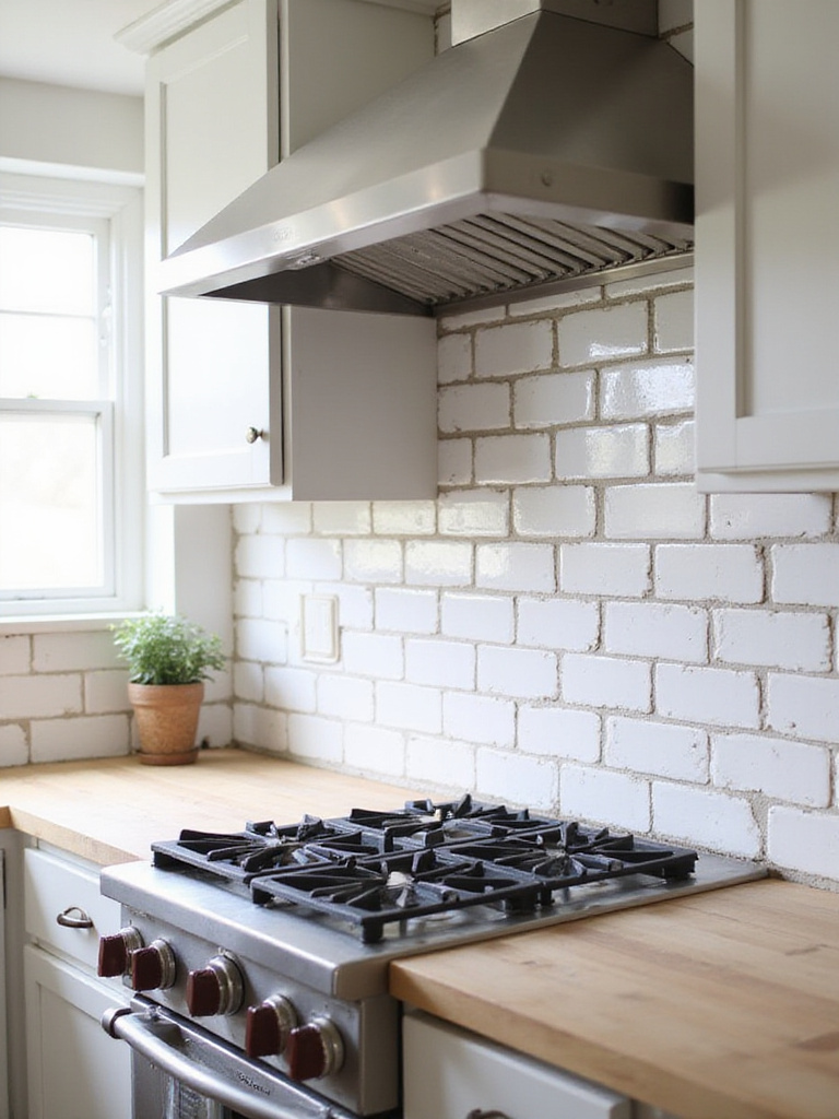 Farmhouse kitchen backsplash with distressed white subway tile