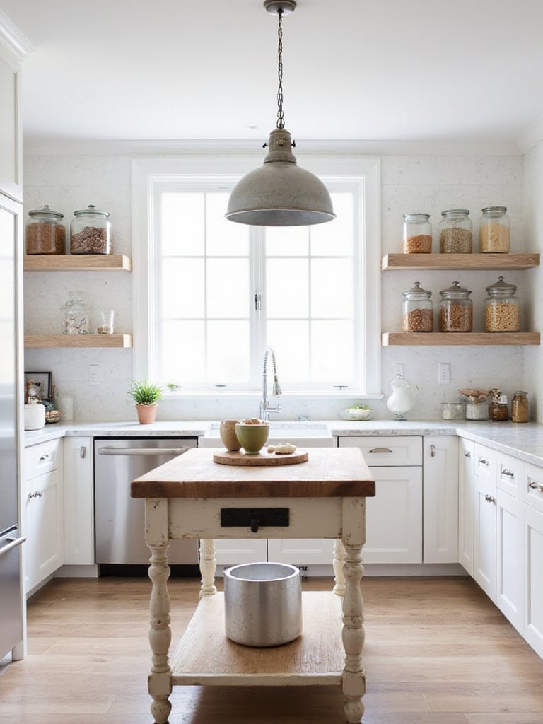 Modern kitchen with white cabinets and vintage island featuring a repurposed industrial pendant light.