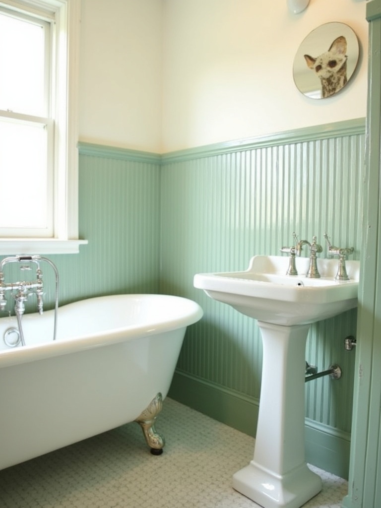 Vintage bathroom remodel with sage green beadboard wainscoting and clawfoot tub.
