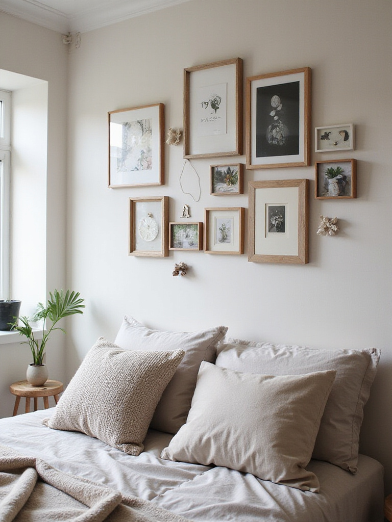 Bedroom interior with a personalized gallery wall above a neutral-toned bed.