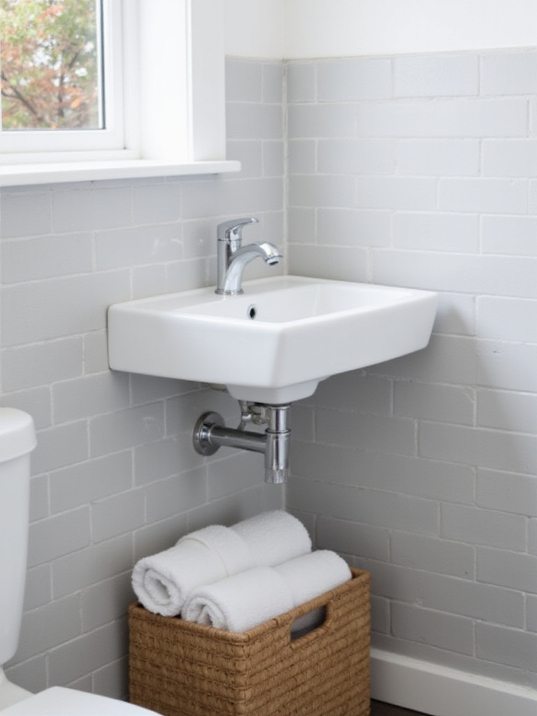 Wall-mounted sink in a small bathroom, saving space and adding style