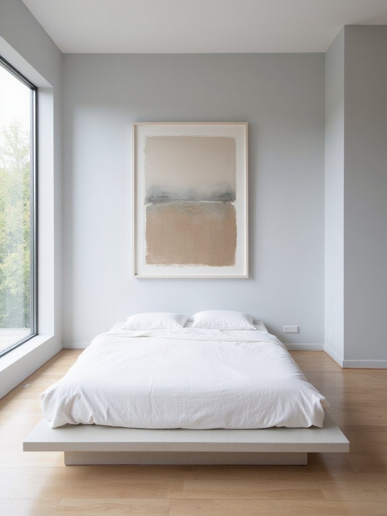 Minimalist bedroom with a single piece of abstract art on a light grey wall.