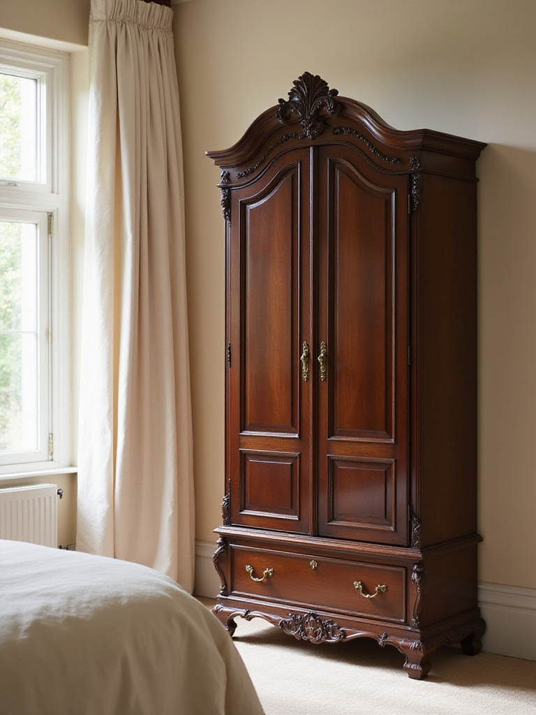 Elegant dark wood armoire providing stylish storage in a serene bedroom.