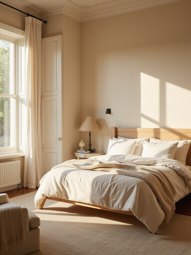 Cozy bedroom with warm beige walls, linen bedding, and natural light.