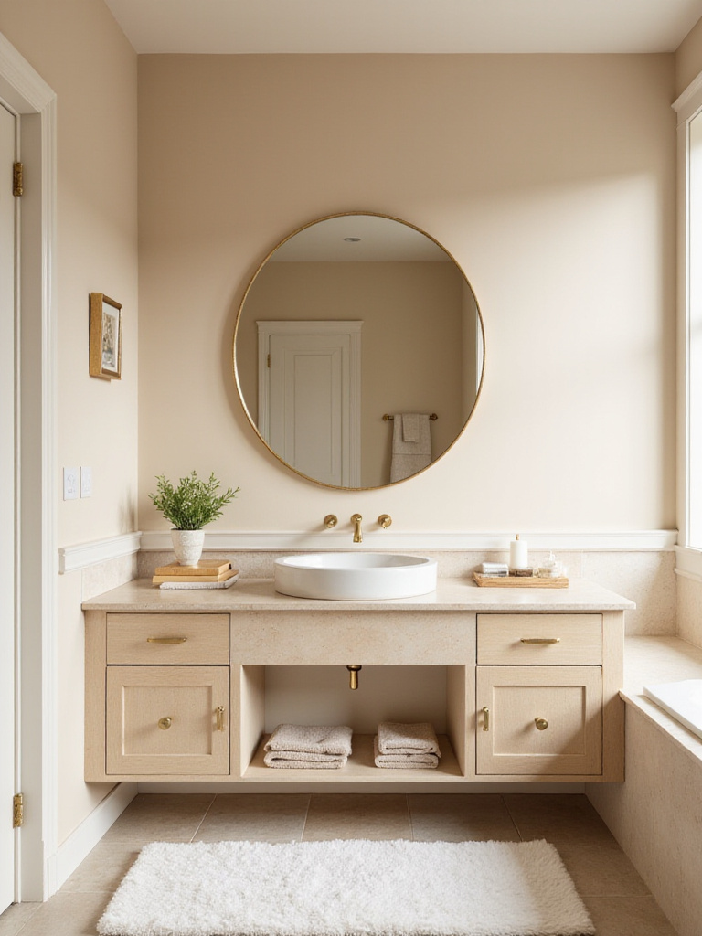 Warm beige bathroom with stone countertop vanity and gold hardware, creating a cozy and inviting space.
