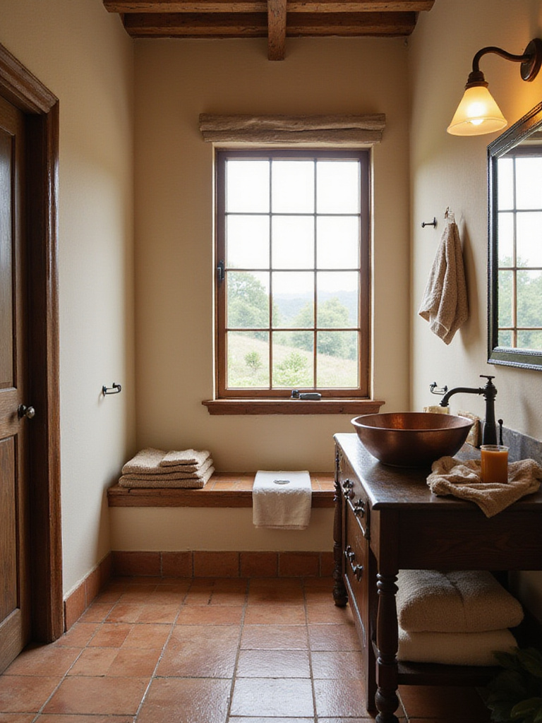 Rustic bathroom featuring a warm earth tone palette with beige walls, terracotta tiles, and a dark wood vanity.