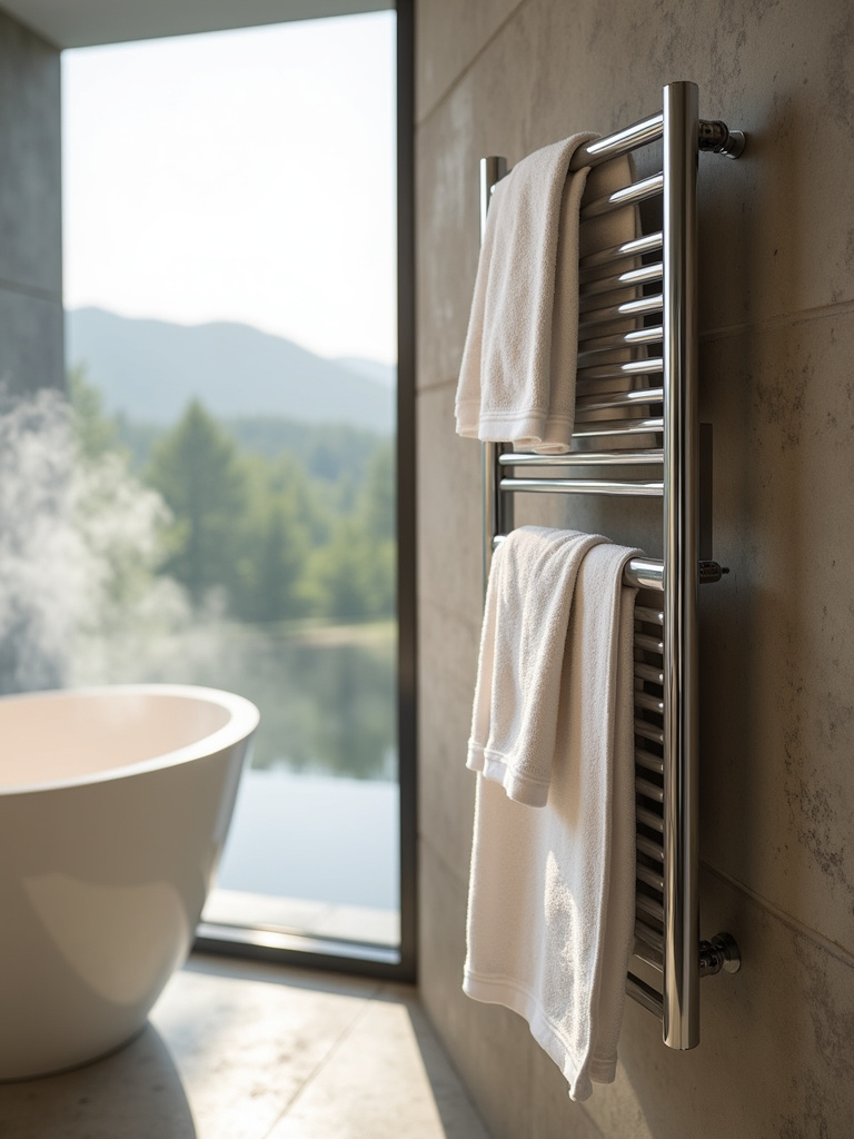 Luxurious bathroom with a freestanding tub and a towel warmer holding warm, plush towels.