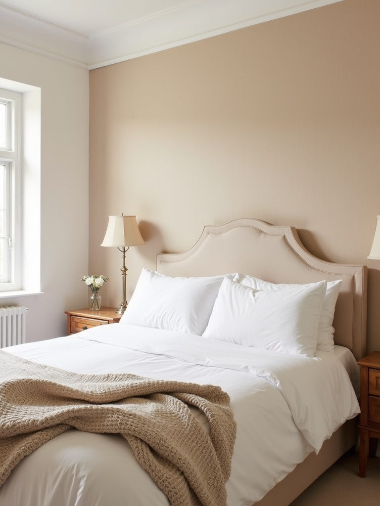 Beige bedroom with grasscloth textured wallpaper on headboard wall