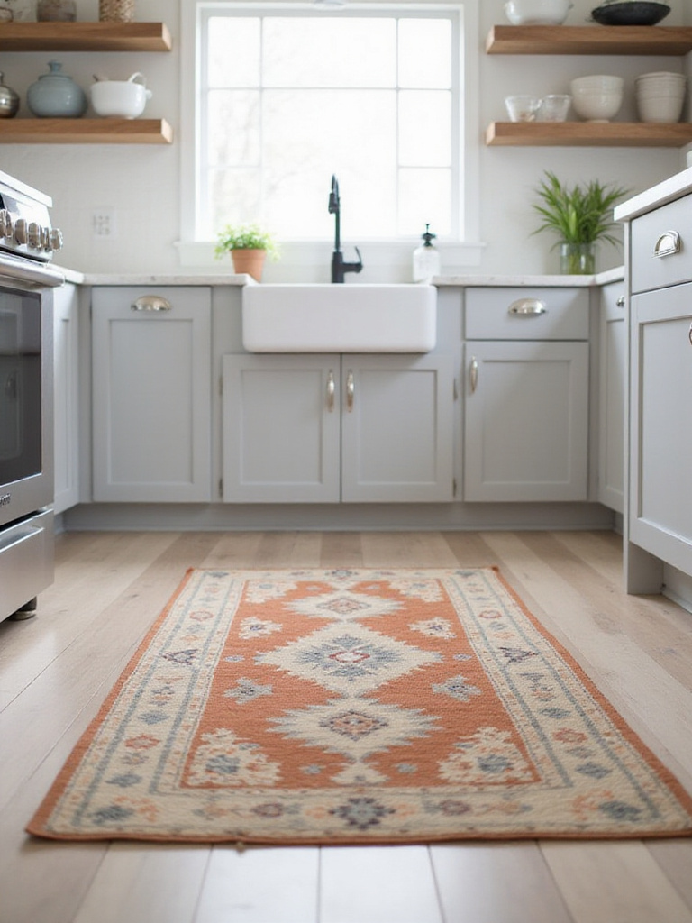 Cozy kitchen with colorful runner rug in front of farmhouse sink
