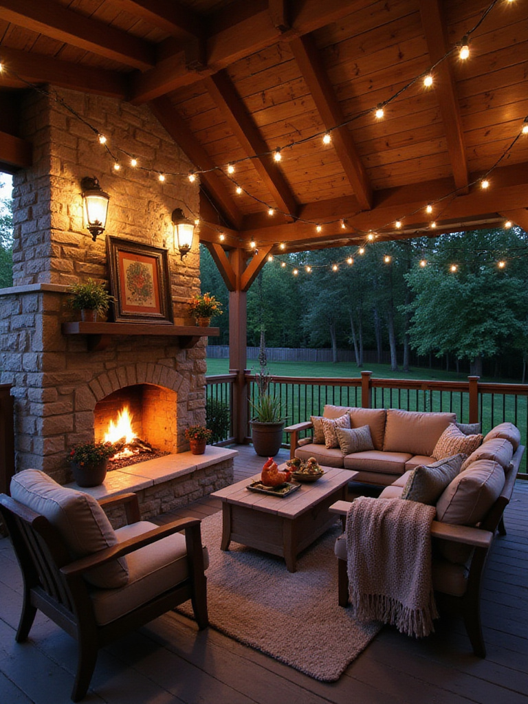 Cozy porch with stone fireplace and comfortable outdoor seating.