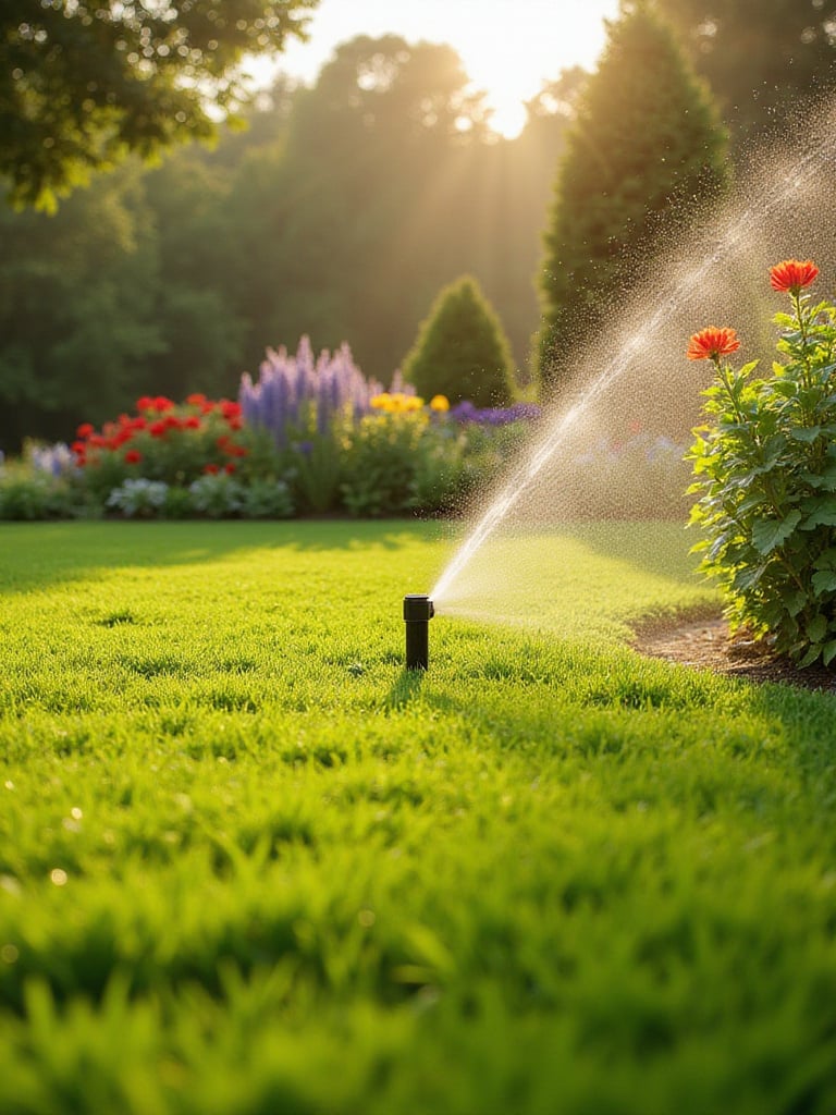 Lush green lawn garden with efficient sprinkler and drip irrigation systems.
