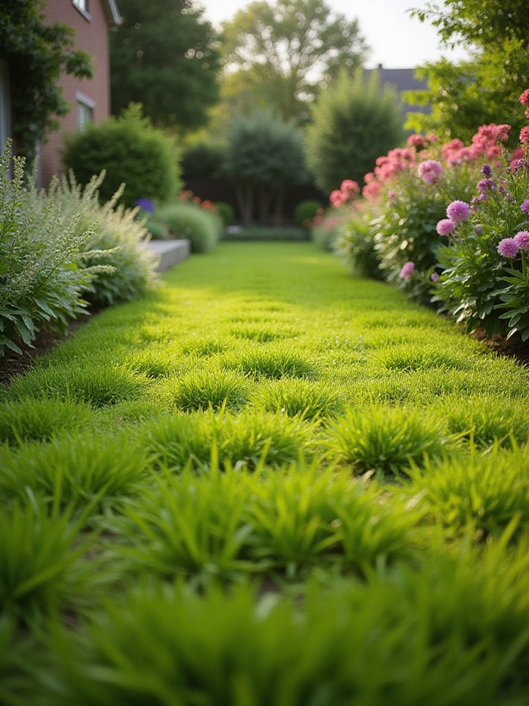 Healthy lawn garden with a few weeds, illustrating weed control.