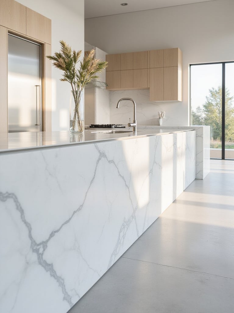 Modern kitchen with white marble waterfall island