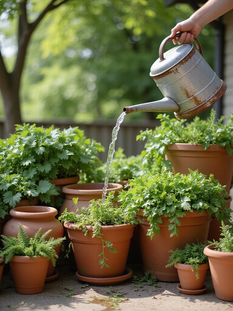 Thriving container garden with various plants being watered.