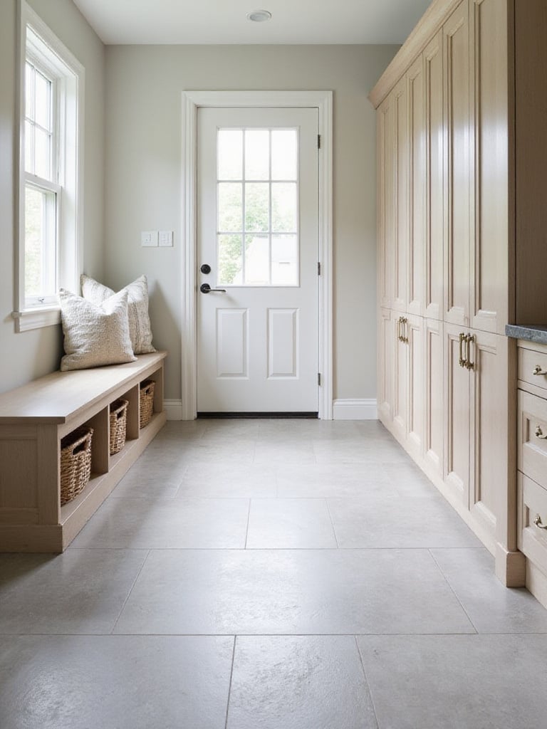 Light gray stone-look sheet vinyl flooring in a modern mudroom with built-in storage.