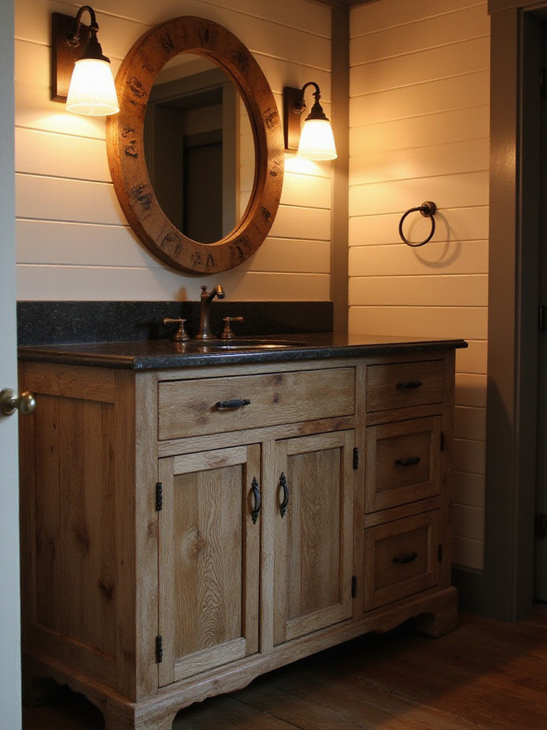 Rustic bathroom featuring a weathered wood vanity with granite countertop