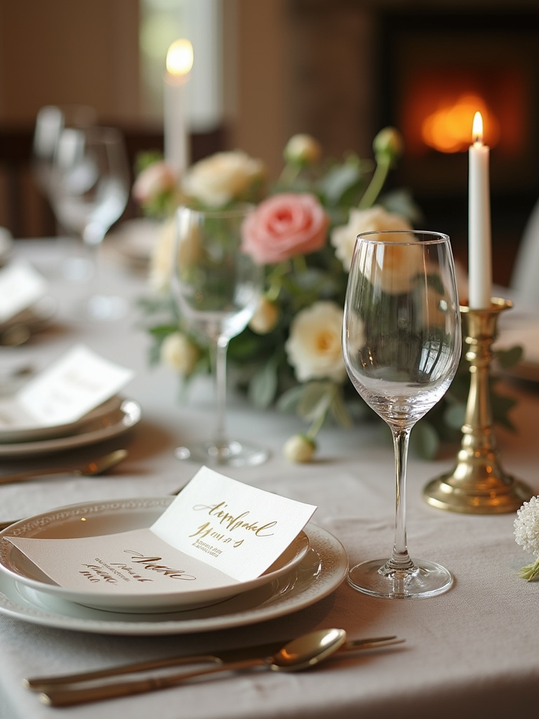 Personalized place cards with calligraphy on a beautifully decorated kitchen table.