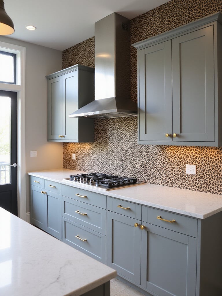 Modern kitchen with bold leopard print wallpaper accent wall