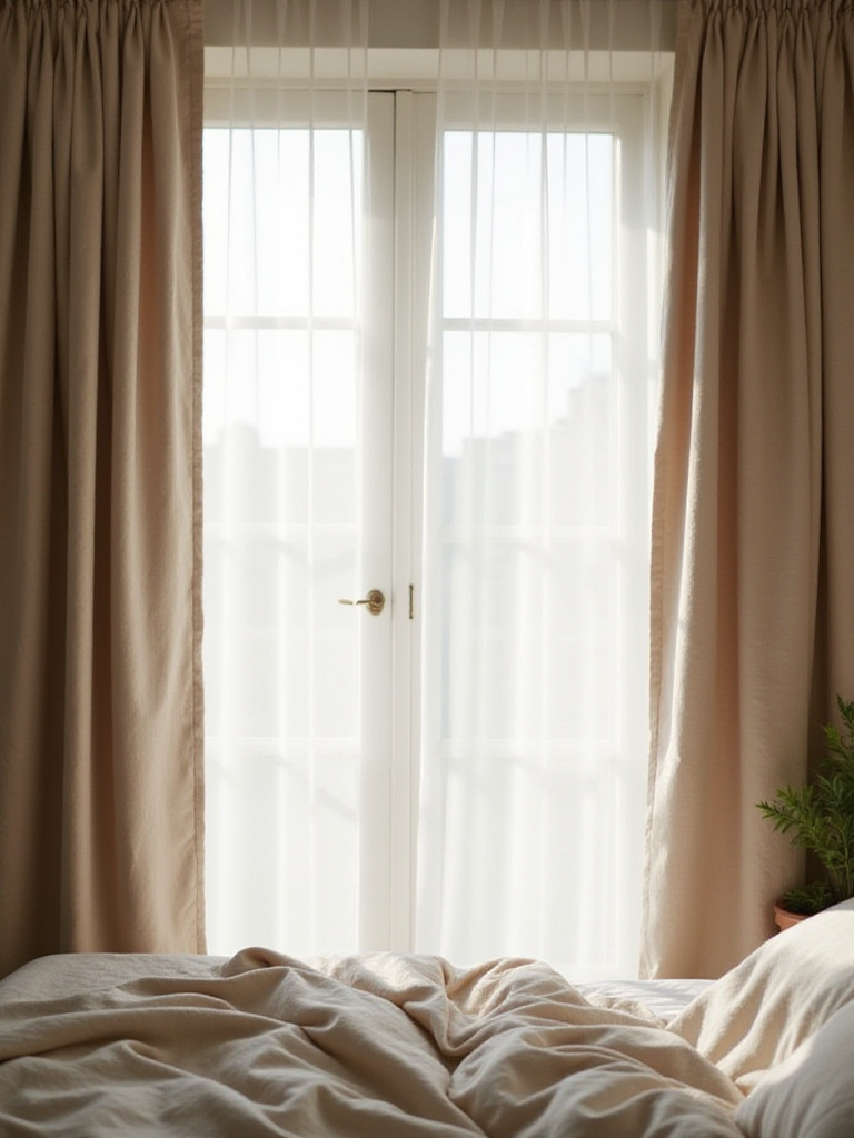 Bedroom window with layered linen and sheer curtains filtering soft morning light.