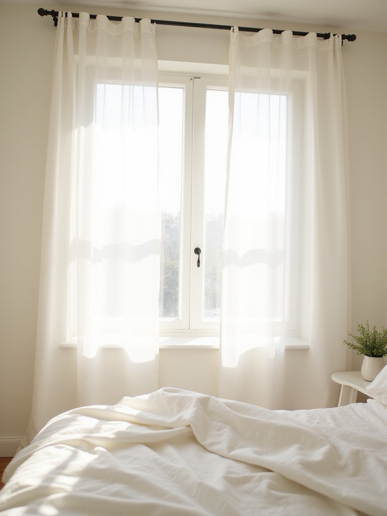 Minimalist bedroom with sheer linen curtains allowing soft natural light.