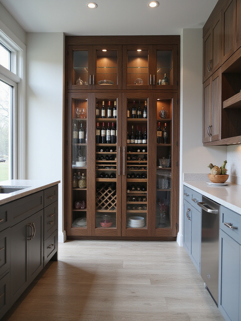 Modern kitchen with a built-in wine cabinet showcasing a wine collection.