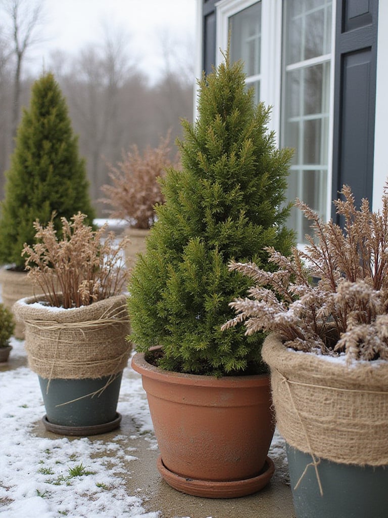 Container garden prepared for winter with burlap-wrapped pots and snow dusting