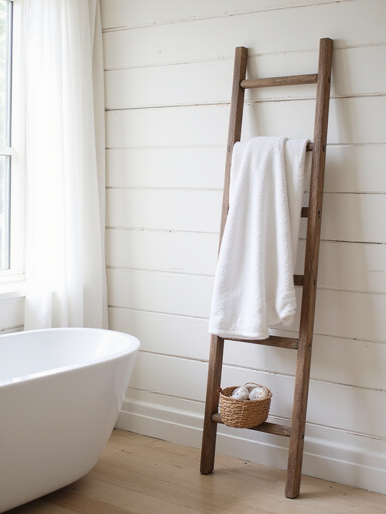 Rustic bathroom featuring a wooden ladder towel rack with white towels.