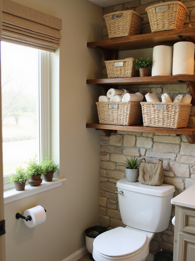 Rustic bathroom with woven baskets holding towels, toilet paper, and plants for natural storage.