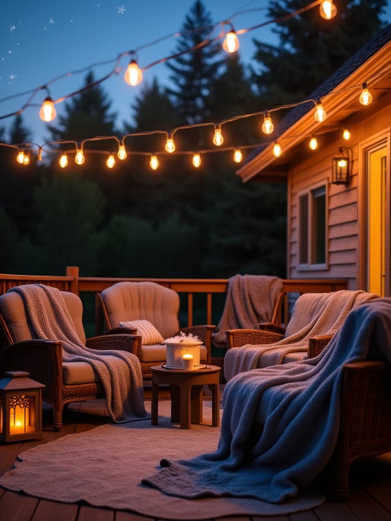 Cozy deck at night with soft throw blankets and string lights.