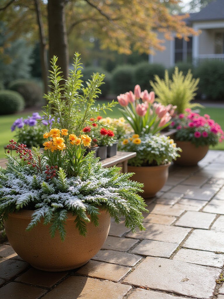 Year-round container garden showcasing seasonal plants