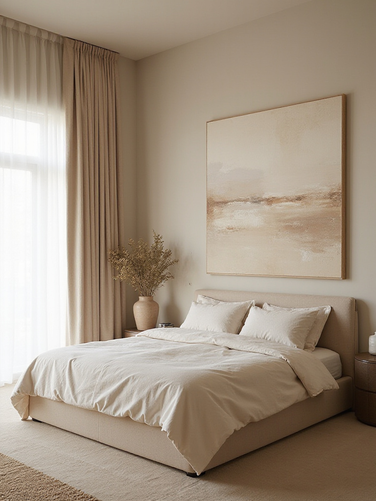 Abstract beige canvas art above a bed in a serene beige bedroom