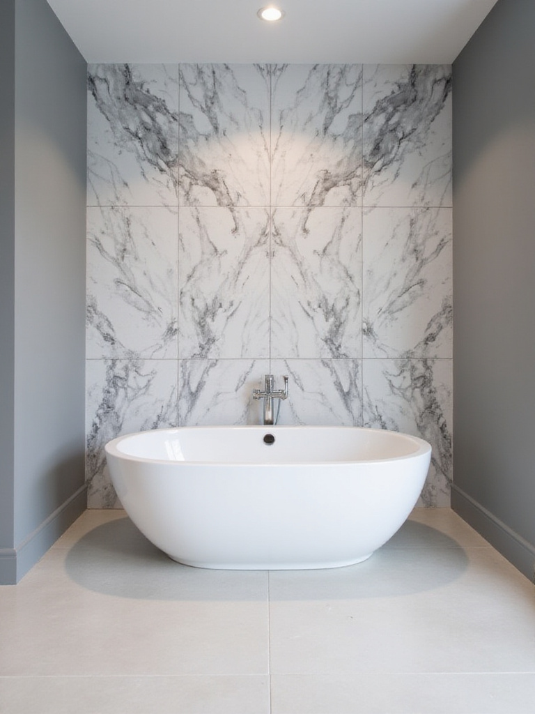 Modern bathroom featuring a freestanding tub in front of a dramatic large format tile accent wall with bold grey veining.