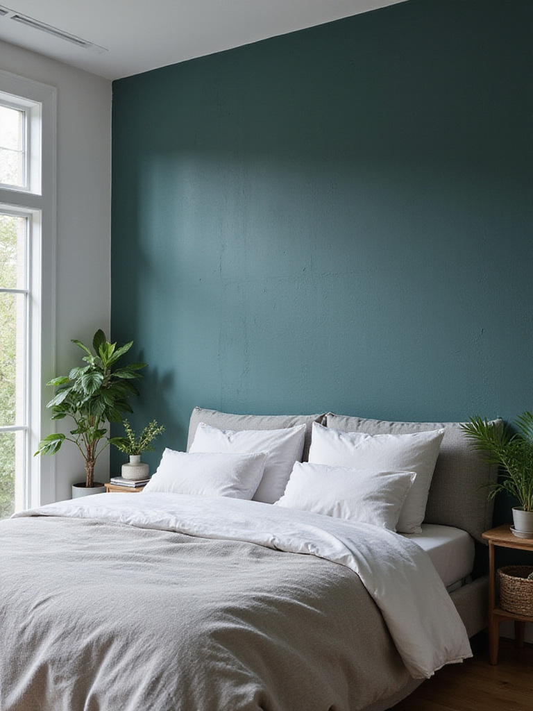 Modern bedroom with a deep teal textured accent wall behind a king-size bed.