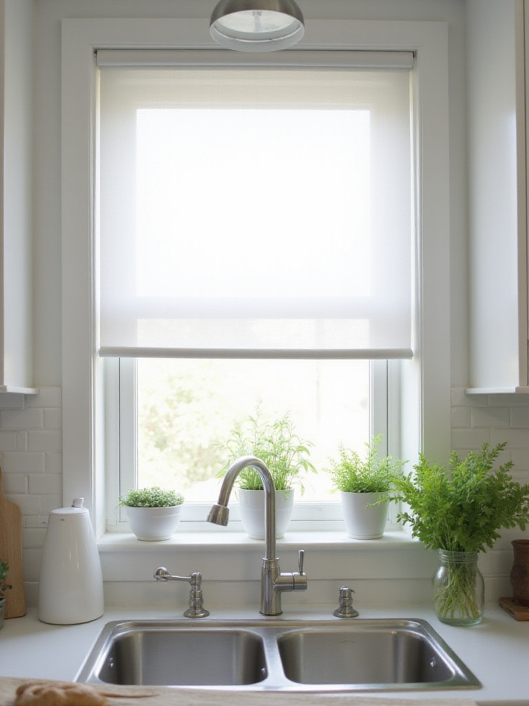 Kitchen window with white roller shades providing privacy and soft natural light.