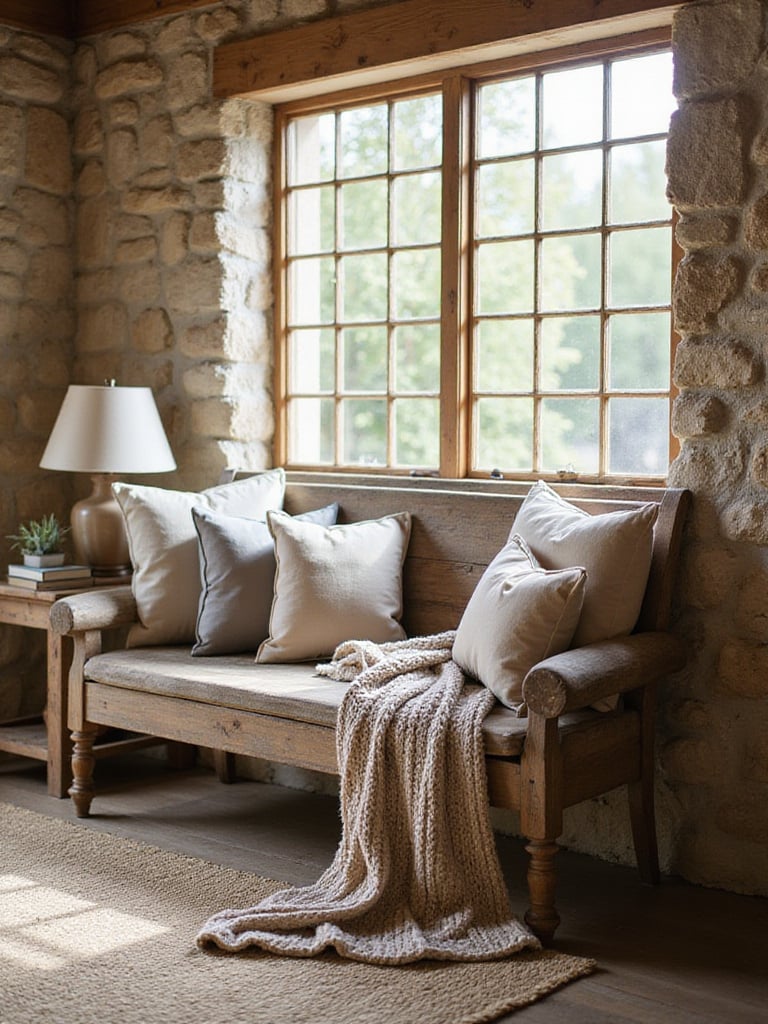 Rustic living room with distressed wooden bench, throw pillows, and woven rug.