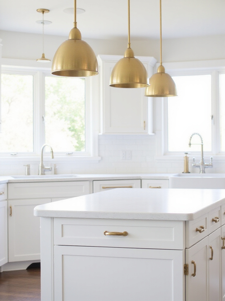 Bright white kitchen featuring brushed brass cabinet hardware, gold pendant lights over the island, and a chrome faucet at the sink.