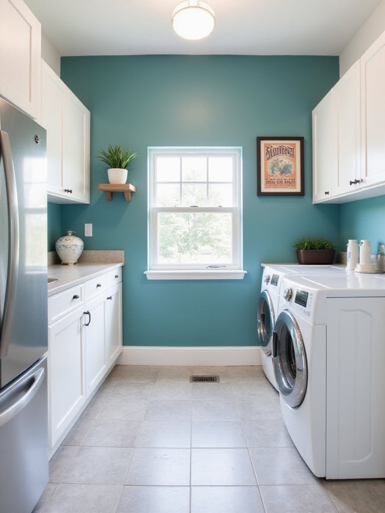 Laundry room with white cabinets and a teal accent wall.