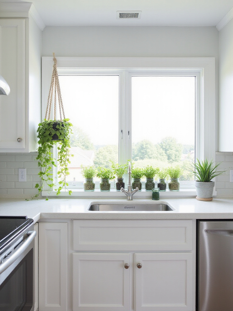 Bright kitchen with herb garden on windowsill and hanging pothos plant