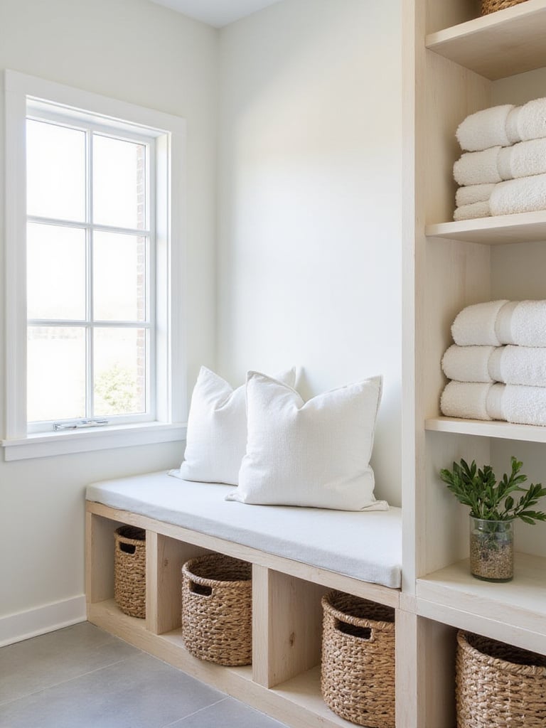 Cozy laundry room with built-in bench seating and storage