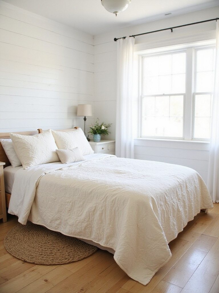 Farmhouse bedroom with cozy cream-colored floral quilted bedding.