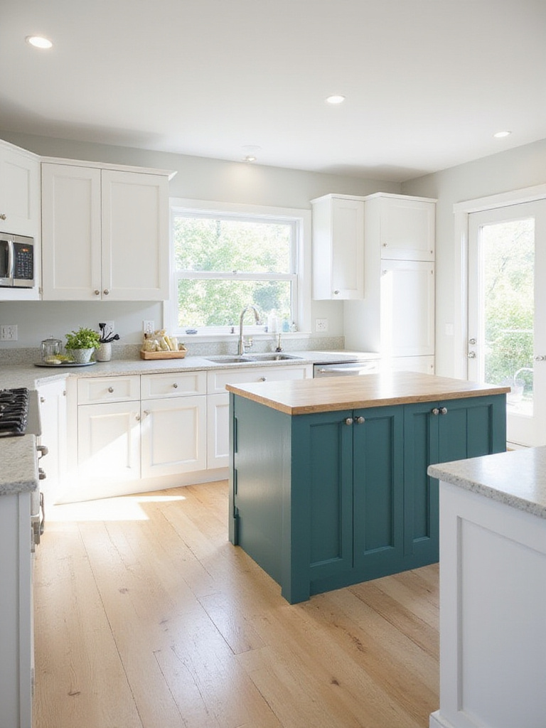 A bright white kitchen featuring a vibrant, colorful kitchen island as a central focal point, adding a pop of color and personality.