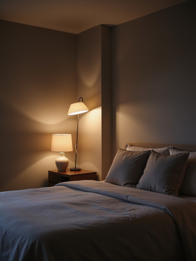 Serene bedroom with layered lighting from table and floor lamps creating a warm, inviting atmosphere