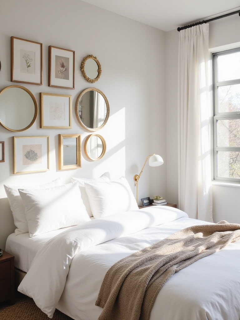 Bedroom with gallery wall featuring abstract art and mirrors.