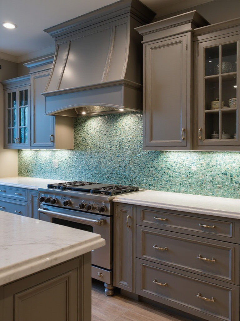 Luxury kitchen with iridescent glass tile backsplash feature wall