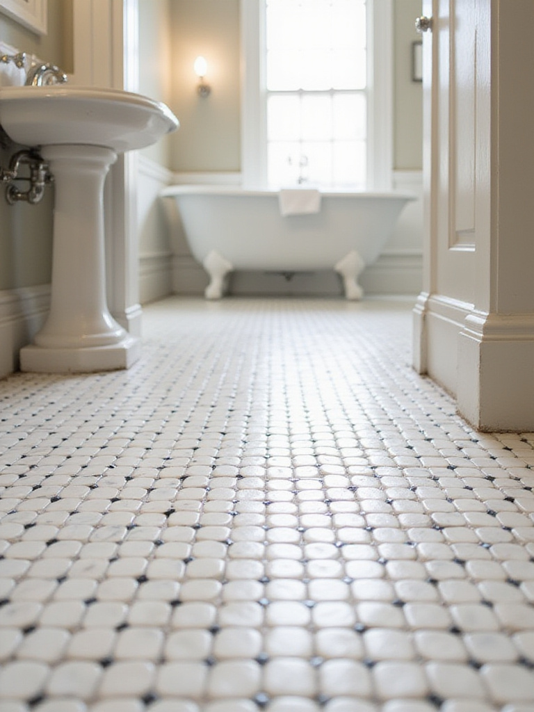 Classic bathroom floor tiled with intricate white marble basketweave pattern featuring small black dots.