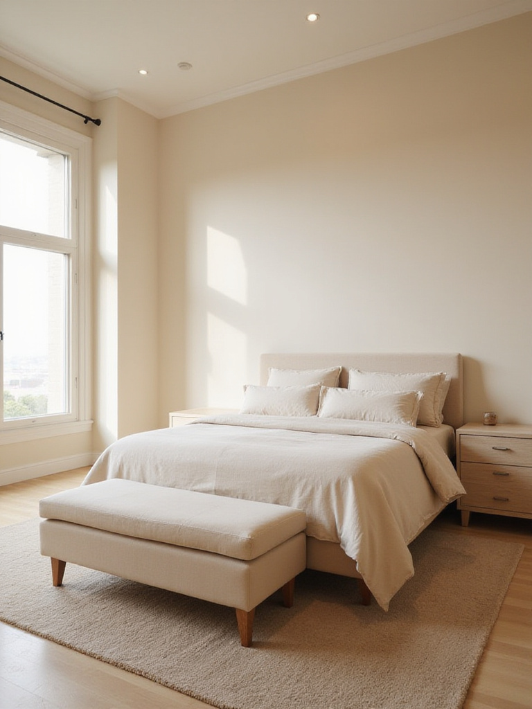 Beige bedroom with a king-sized bed and a stylish beige bench at the foot.