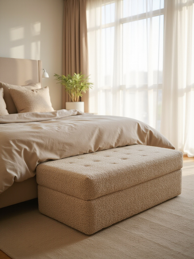 Beige bedroom with textured beige ottoman at the foot of the bed