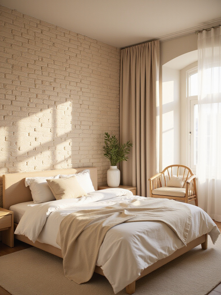 Beige bedroom with painted brick wall adding texture and visual interest